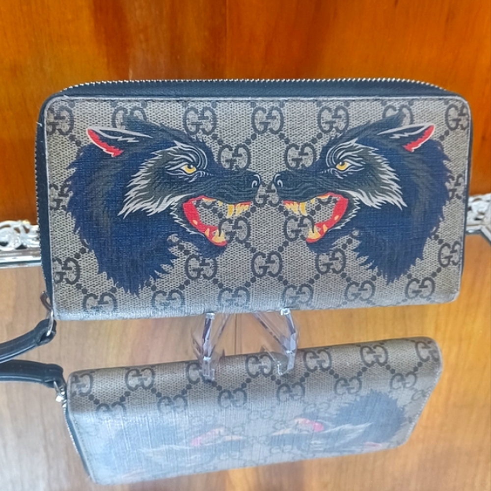 GUCCI GG Supreme Monogram Double Wolf Print Zip Around Wallet Black - Picture 1 of 15